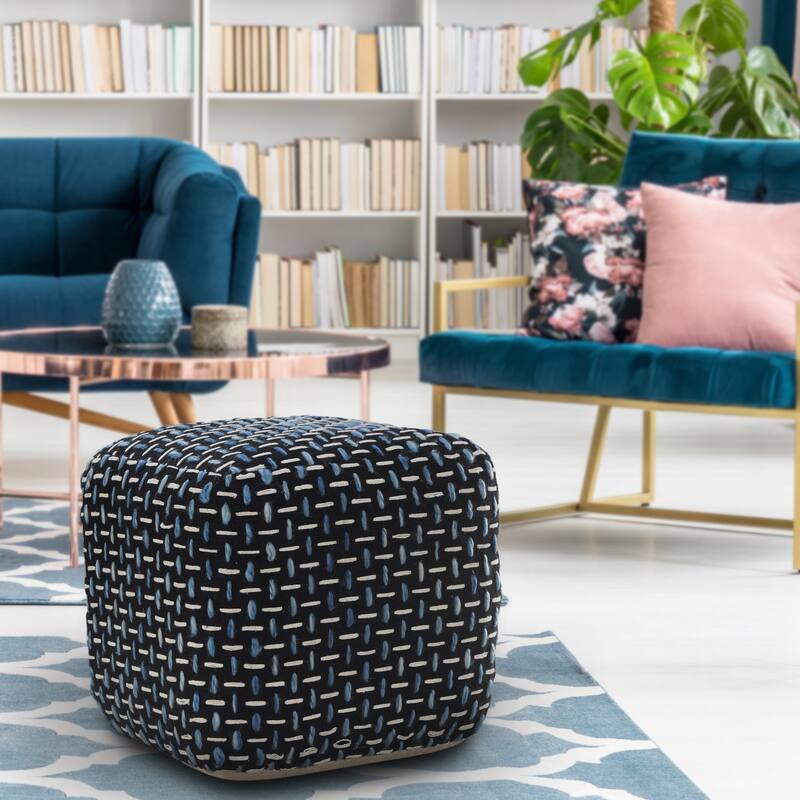 16" Contemporary Pouf Ottoman with Removable Cover and Textured Geometric Upholstery Cube