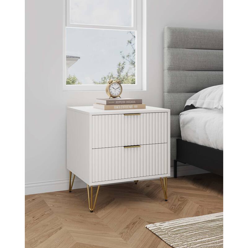 Manhattan Comfort Dumbo Mid Century Nightstand with 2 Drawer and Metal Feet. - White