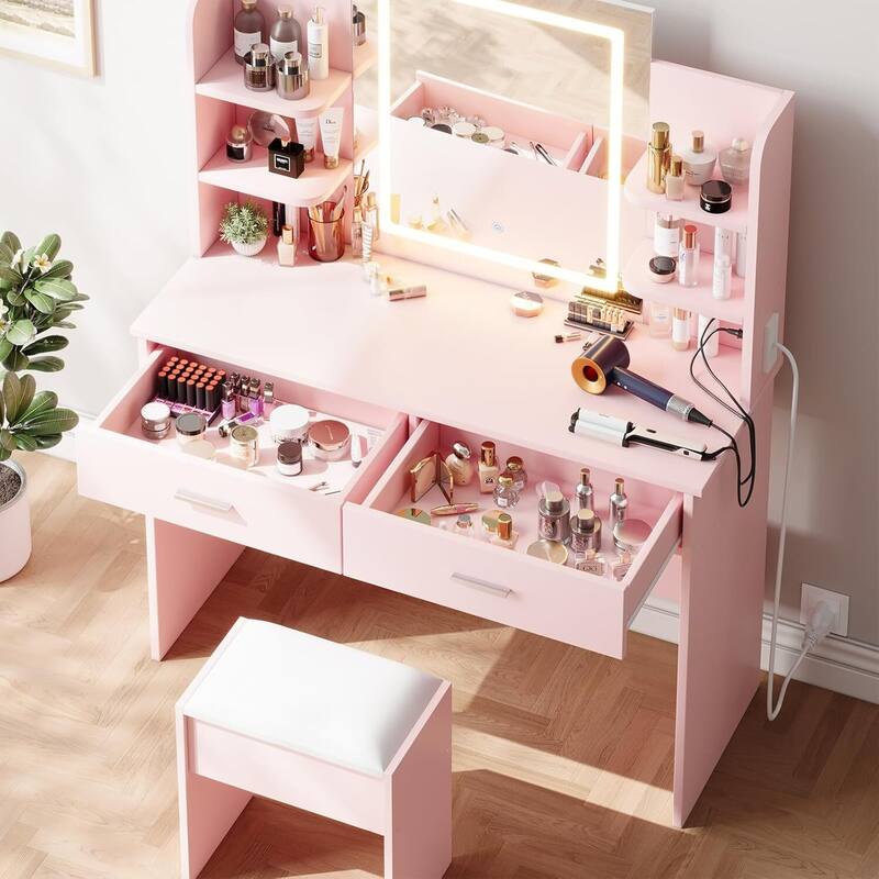 Vanity Desk with Lighted Mirror and 6 Storage Shelves