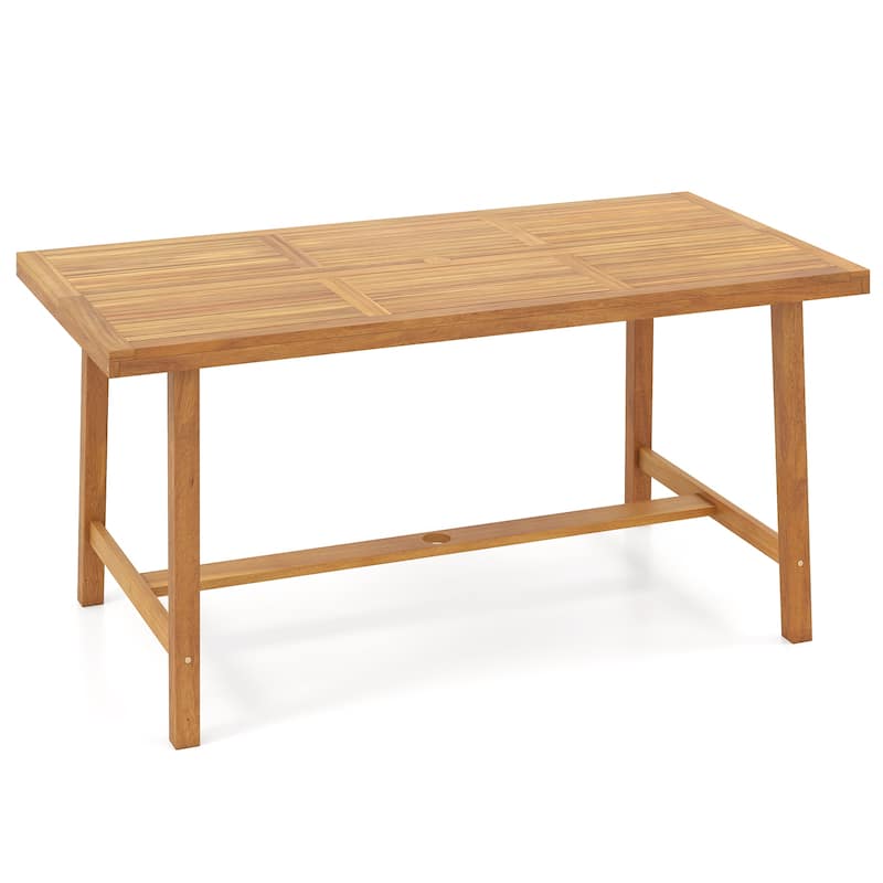 Natural Acacia Wood Rectangular Outdoor Dining Table with Umbrella Hole for 6-Seater - 63" x 32" x 30"(L x W x H)