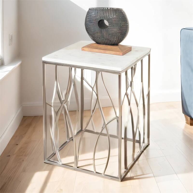 Square Marble End Table with Stainless Steel Base - White