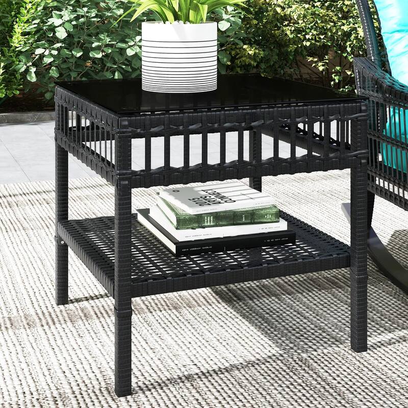 3 Piece Rattan Rocker Chair Set, Outdoor Rocking Chairs, Glass Table