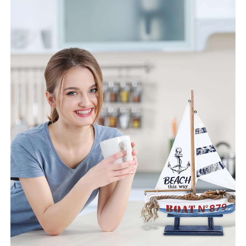 CoTa Global Ocean Blue Sailboat Decor - Large Handmade Wooden Boat - 16″Lx11″Wx3.5″H