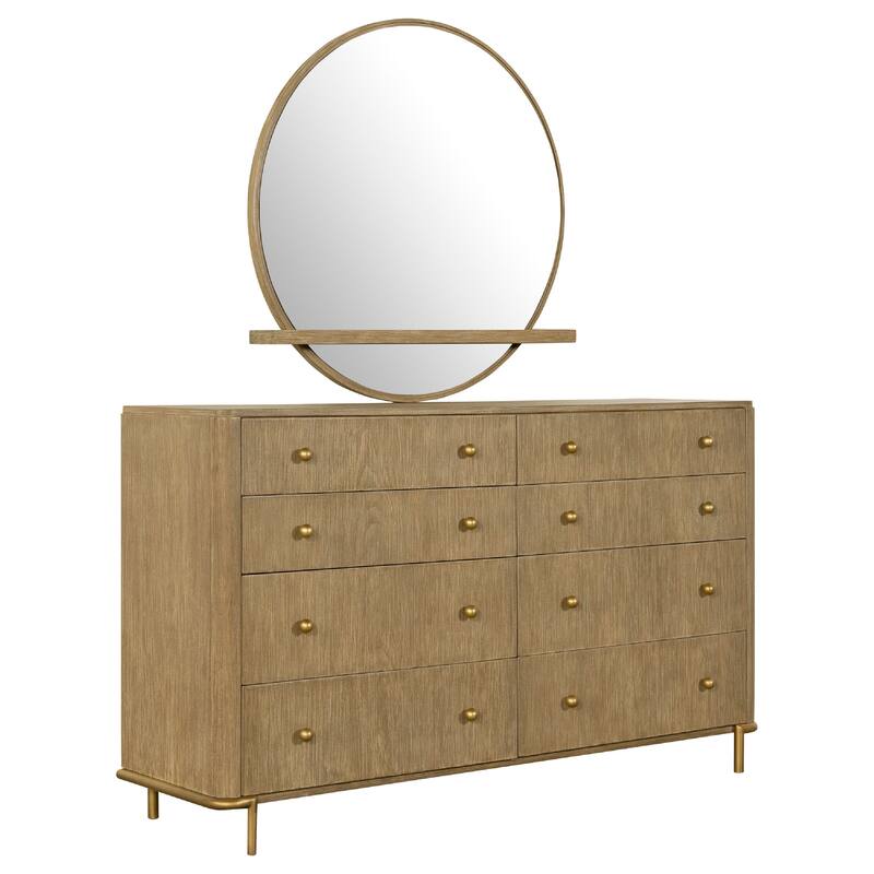 Fij Wide Dresser with Mirror, 8 Drawers, Sand Wash Brown, Brass Knobs