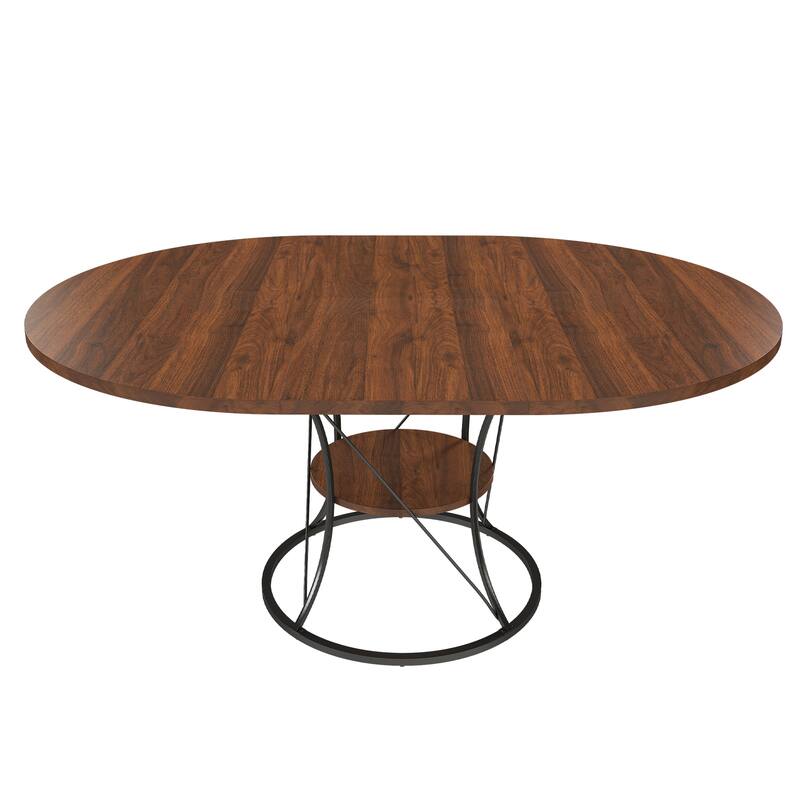 43 to 59 Inch Extendable Round Dining Table for 4-6 - Farmhouse Kitchen Table with Storage Shelf & Metal Base