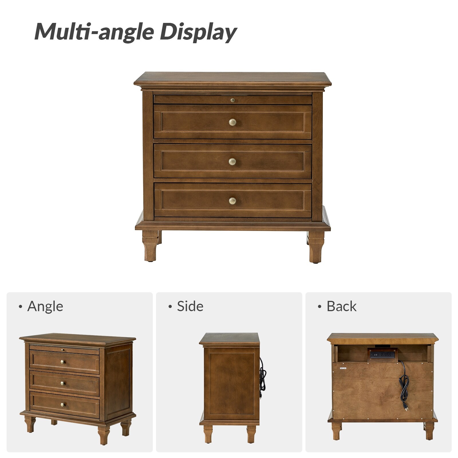 Muriel Farmhouse 3 Drawers Nightstand with Built-In Outlets Set of 2 by HULALA HOME