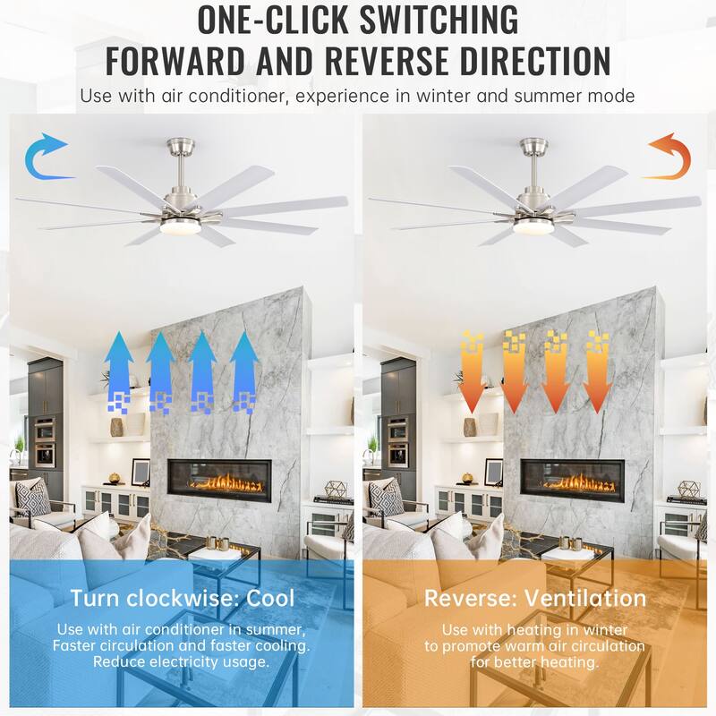 52 Inch/66 Inch/72 Inch Modern Ceiling Fan with Dimmable LED Light ,Remote&APP Control,8 Blades for Large Living Room,Porch