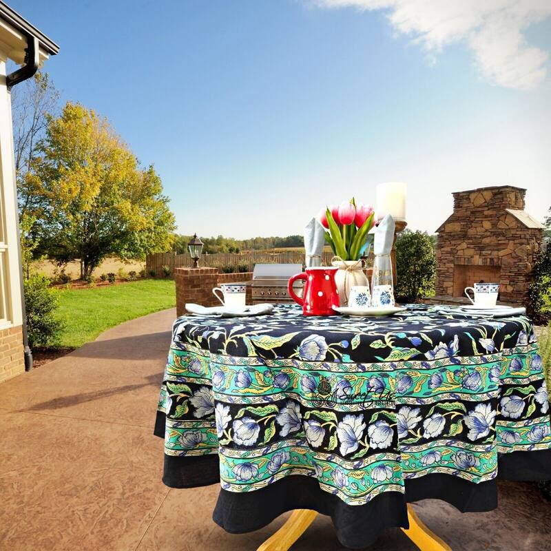 Cotton Sweet French Country Floral Tablecloth Round, Runner - 60-inch Round - Black Blue
