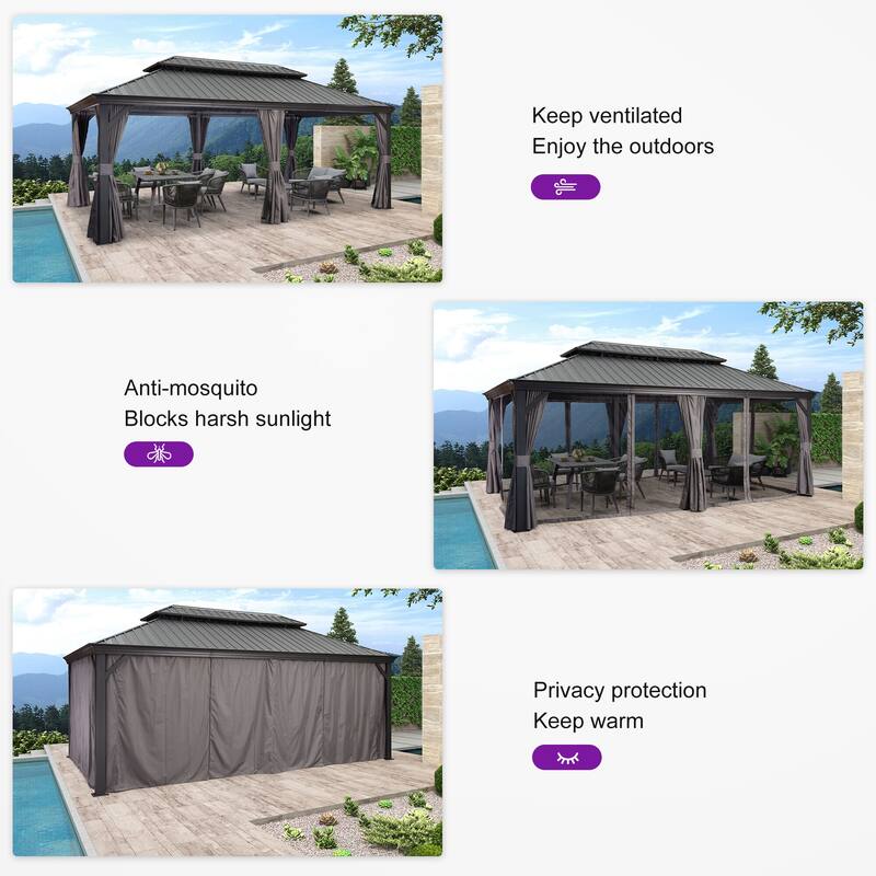 PURPLE LEAF Outdoor Galvanized Steel Hardtop Gazebo, Aluminum Frame Gazebo With Curtains
