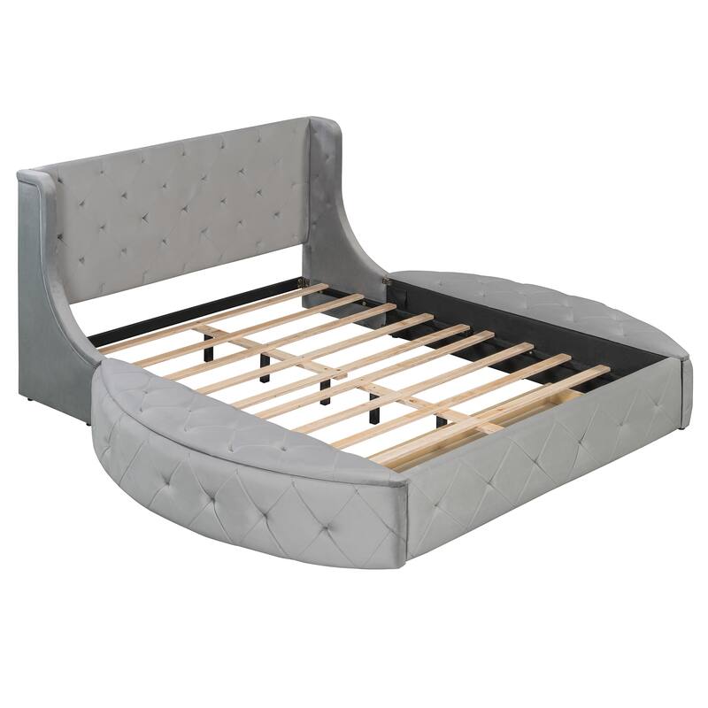 Roomfitters Queen Upholstered Platform Bed, Tufted Wingback Headboard, Velvet Frame, Storage Unit & Semicircular Stools