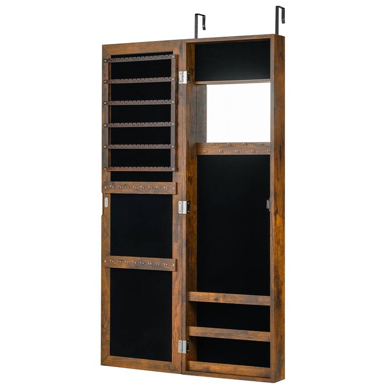 Wall Mounted or Door Hanging Jewelry Cabinet with Full Length Mirror and Inner Makeup Mirror - 12.5" x 3.7" x 43.5" - Rustic Brown