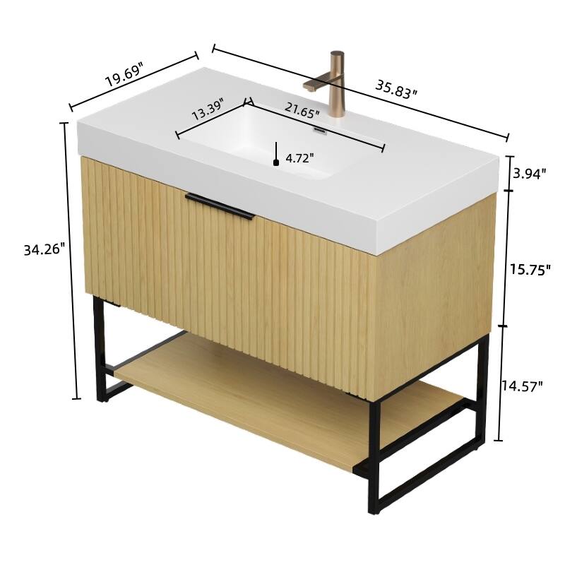 GDFStudio - Yolan 36" Freestanding Bathroom Vanity with Drawer & Open Shelf, Corolla Oak Finish & Ceramic Basin