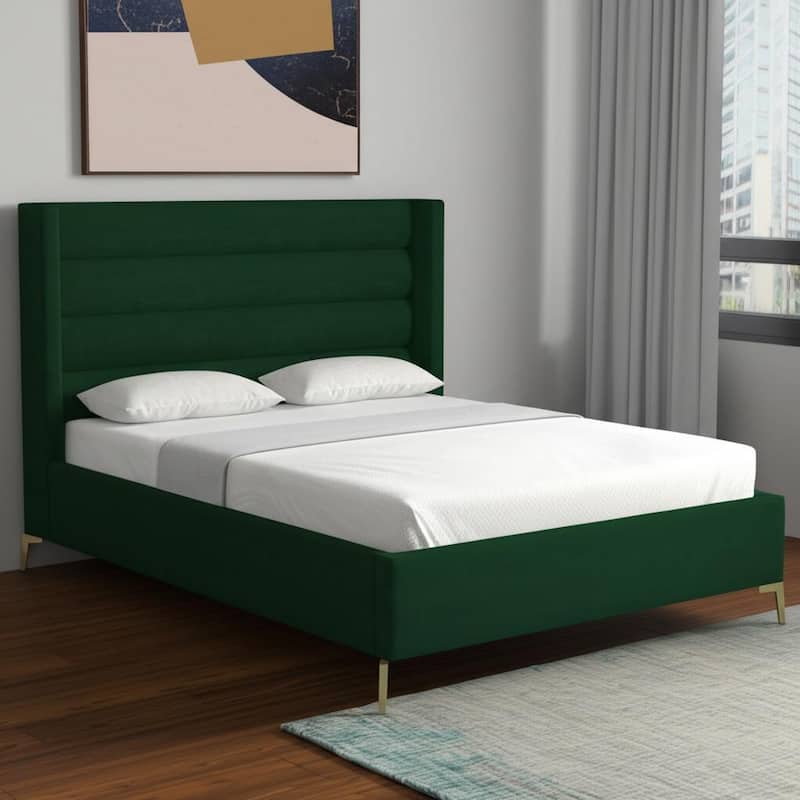 HomeRoots Cream Velvet Upholstered Full Bed Frame - King - Green