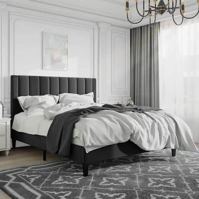 Velvet Upholstered Platform Bed Frame with Sturdy Slats and Headboard
