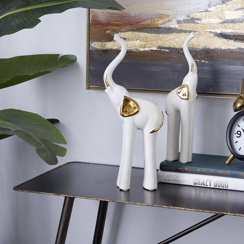 Porcelain Ceramic Elephant Decorative Sculpture - Set of 2 Gold - Roche River Decor