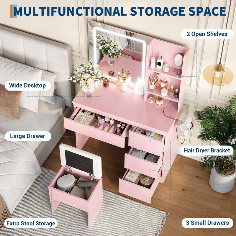 Vanity Desk with LED Mirror, Charging Ports, Storage Stool, Drawers, Hair Dryer Holder