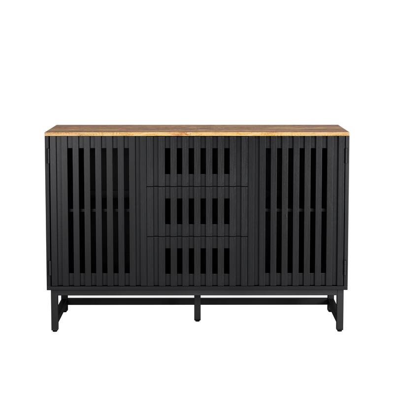 47.3" Horizontal Dresser with 3 Drawer and 2 Doors, Slatted Grille Striped Design and Hollow Caving