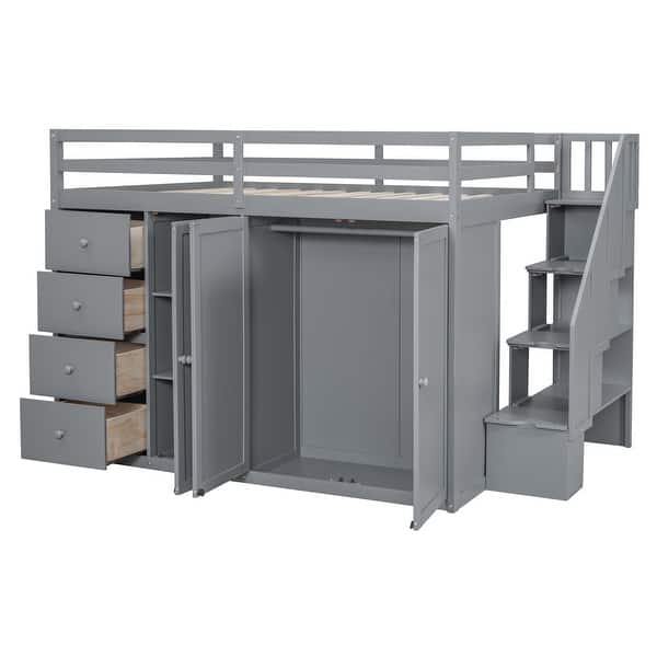 slide 2 of 16, Gray Full Wood Loft Bed Frame with 4 Drawers, Cabinet & Two Wardrobes Gray - Full