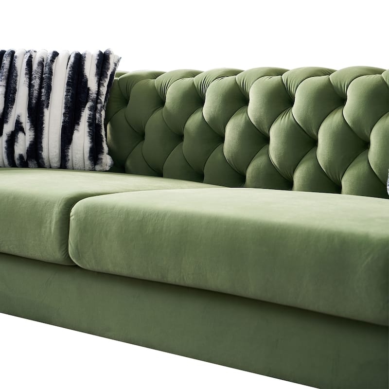 84.25" Luxurious Tufted Velvet Upholstered 3-Seater Sofa with Golden Metal Armrest Design and Buttoned Tufted Backrest