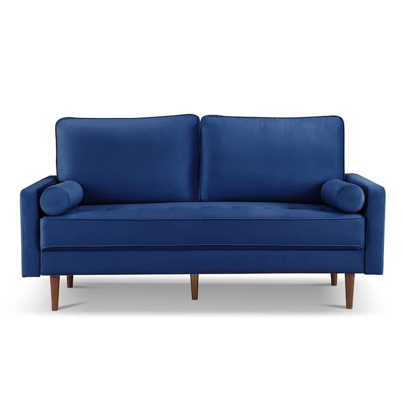 HomeRoots 69" Blue Velvet Sofa And Toss Pillows With Dark Brown Legs - 69