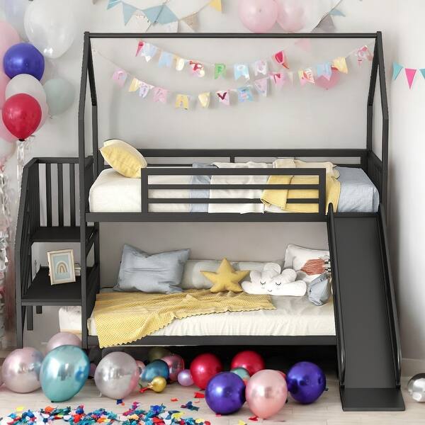 slide 2 of 13, Modern Twin over Twin Metal Bunk Bed House Bed with Convertible Slide and Built-in Storage Staircase Black