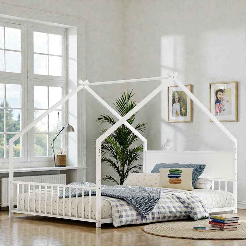 House Bed Frame with Roof & Colorful LED Lights, Metal Kids Floor Bed with Slats, Boys Girls Teens Canopy Bed, No Box Spring