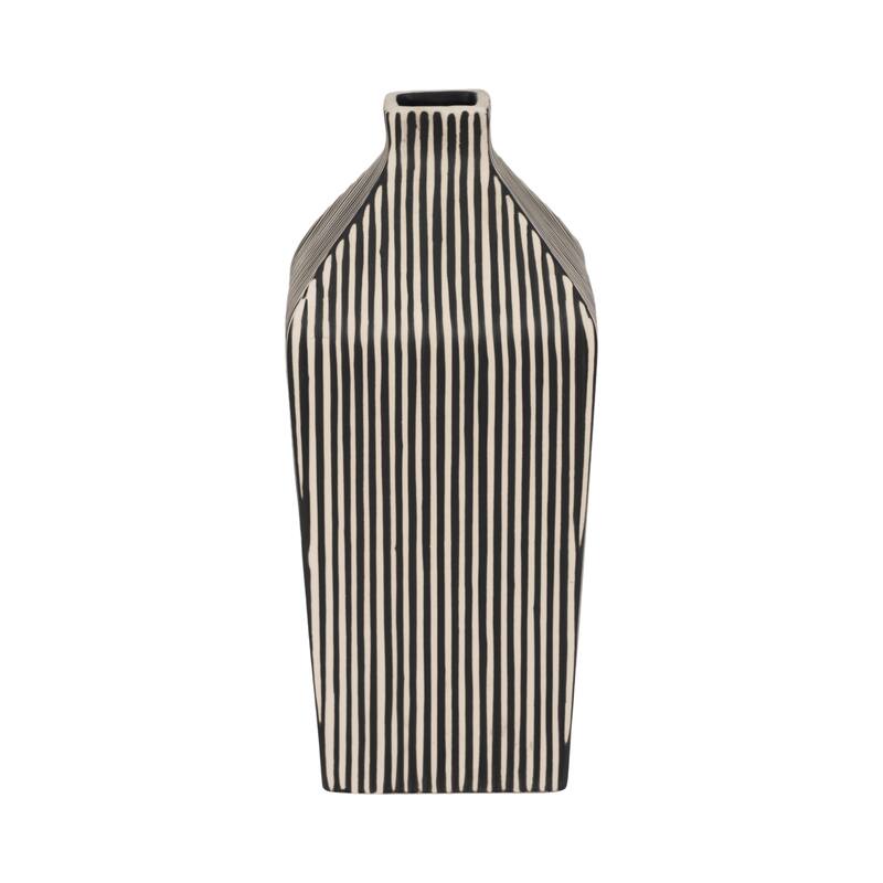 Sagebrook Home Lines Square Stoneware Vase in Black and White Finish, Unique Design
