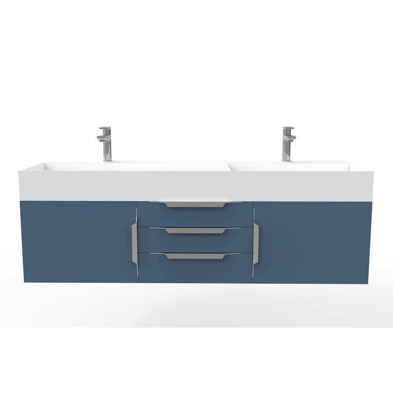 Amazon 60" Wall Mounted Bathroom Vanity Set w/ White Top - Blue - Brushed Nickel Finish
