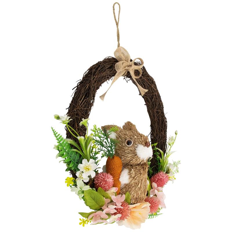 Floral Grapevine Spring Easter Wreath with Rabbit - 12"