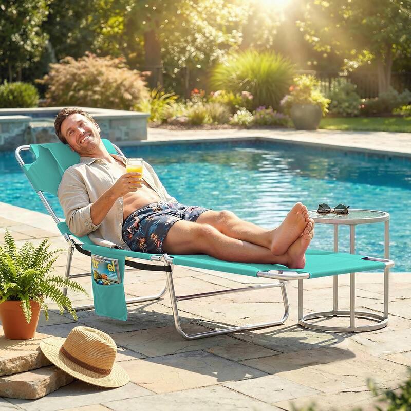 Outsunny Folding Beach Lounge Chair with Face Hole and Arm Slots, 5-level Adjustable Sun Lounger Tanning Chair with Pillow