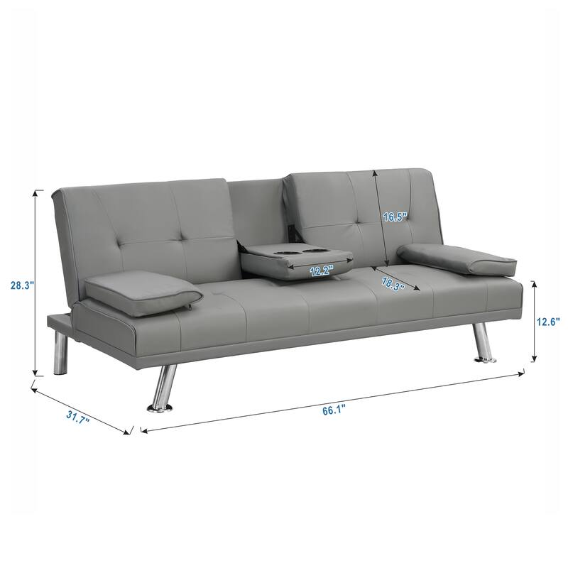 Grey Leather Sofa Bed with Armrest, Multifunctional and Easy Assembly
