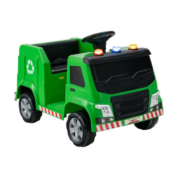 slide 2 of 29, 12V Kids Ride-on Garbage Truck with Warning Lights and 6 Recycling Accessories - 33.5" x 20.1" x 22.8" Green