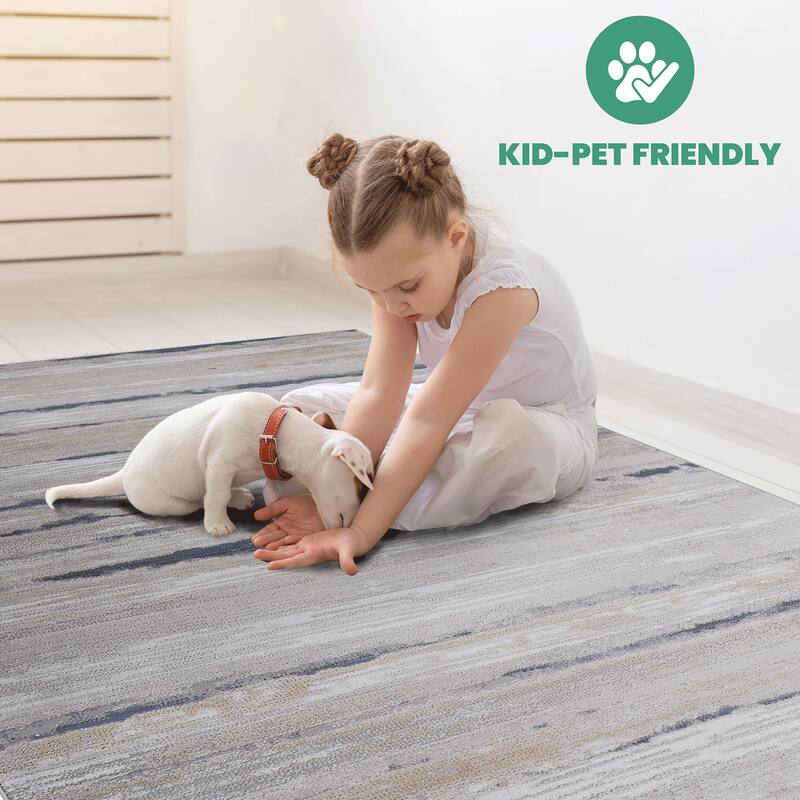 LOOM & LUXE Collection Ivory/Blue/Striped Non-Shedding Area Rug