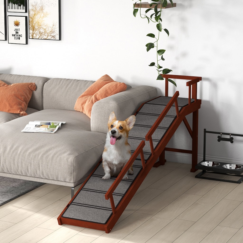 PawHut Dog Ramp, Small, Medium & Large Dogs, with Removable Guardrails, Non-Slip Surface, 73" Long, Brown