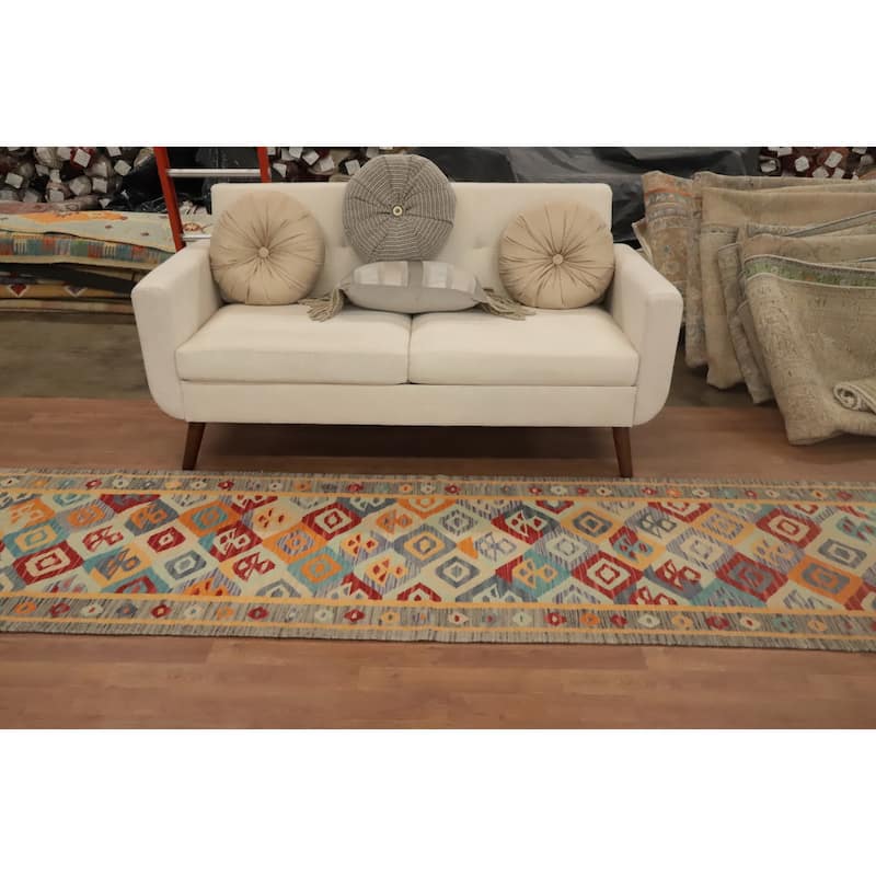 Hand Woven Oriental 100% Wool Carpet Southwestern Tribal Multi-Colored Kilim Runner Rug - 10' 10'' X 2' 9''