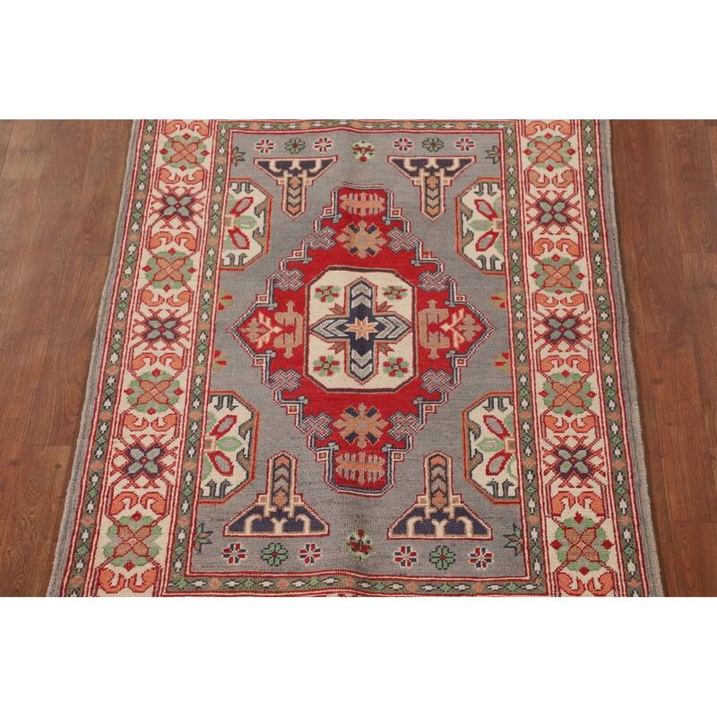 Gray Geometric Kazak Oriental Accent Rug Handmade Wool Carpet - 3'4"x 4'10"