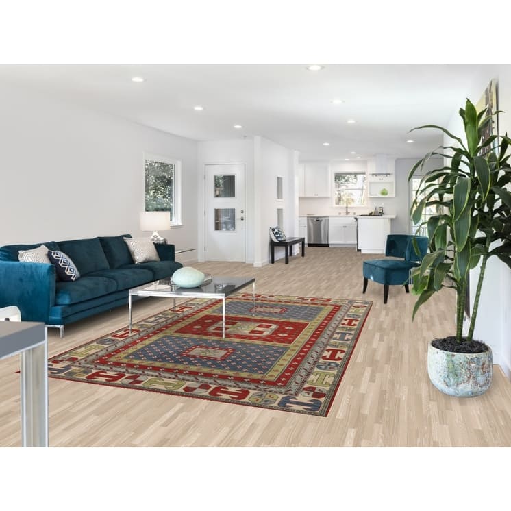 Geometric Kazak Area Rug Hand-Knotted Multi-Color Wool Carpet - 5'11" x 9'2"