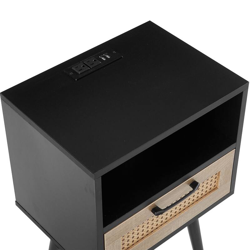 15.75" Rattan End table with Power Outlet & USB Ports, nightstand with drawer and solid wood legs, side table