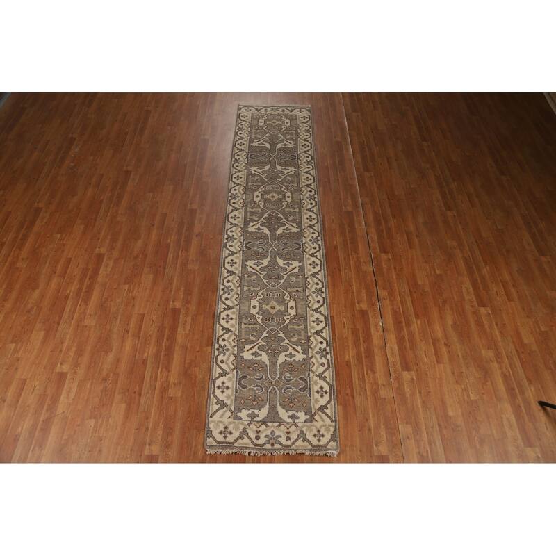 Hand Knotted Oriental 100% Wool Carpet Transitional All-Over Greys & Charcoal Oushak Runner Rug - 11' 9'' X 2' 8''