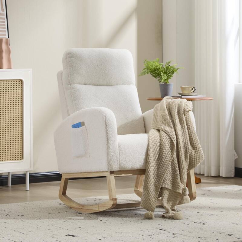 Modern Accent Rocking Chair Rocking Chair with Solid Wood Legs, Upholstered Nursery Glider Rocker - White