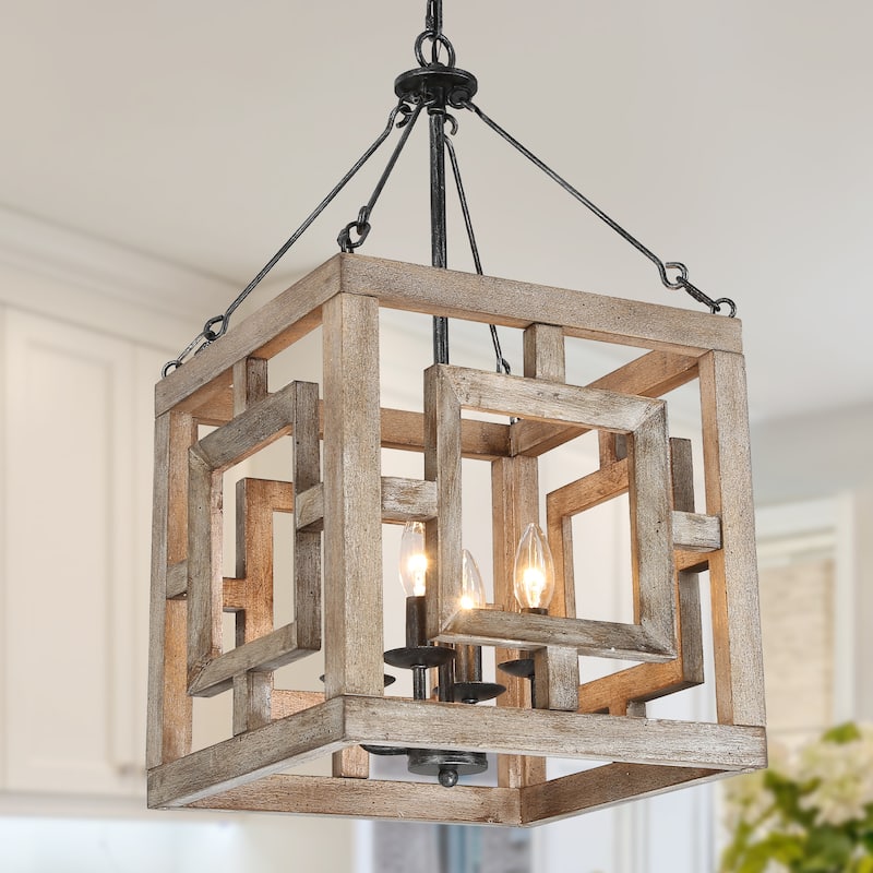Modern Farmhouse 4-Light Pendant Wood Rustic Square Island Lights - W 13.5" x D 13.5" x H 26" - Distressed  Wood