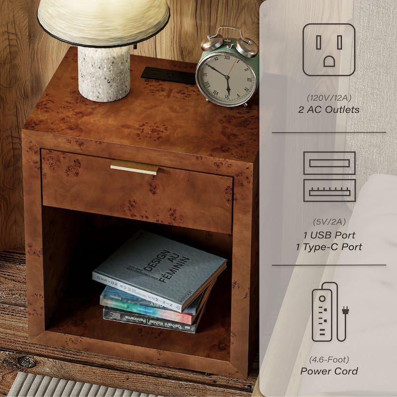 COZAYH Burl Finish Nightstand, Rustic Farmhouse Dresser, Vintage Accent Wood Storage Bedside Table, Fully Assembled