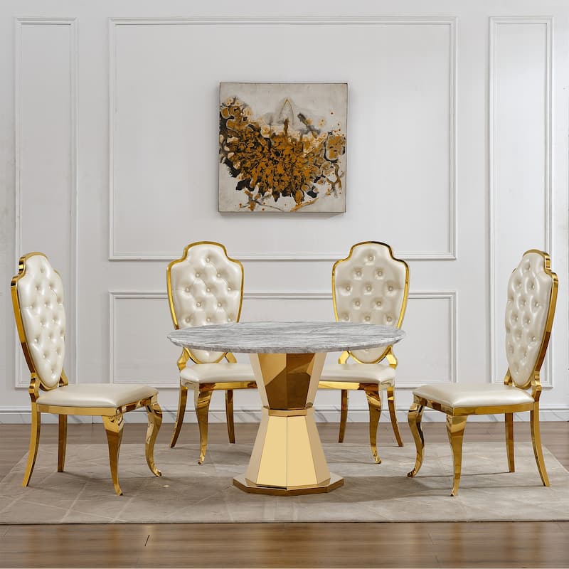 GDFStudio - Jane Series 47" Round Marble Dining Table and Stainless Steel Base for Dining Room, Kitchen