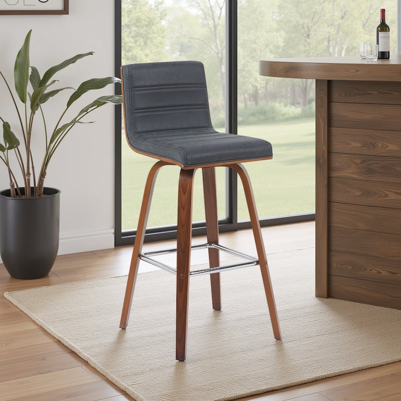 Skara Swivel Bar Stool, Upholstered Bar Height Chair with Bentwood Frame - Vintage Black & Walnut