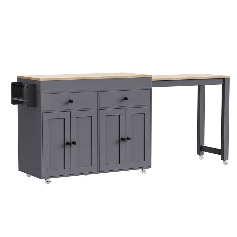 74.5″ Rolling Kitchen Island Cart with Extendable Table, Spice Rack & 2 Drawers
