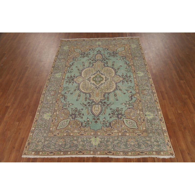 Aqua Green Medallion Tabriz Persian Area Rug Hand-Knotted Wool Carpet - 6'2"x 9'3"
