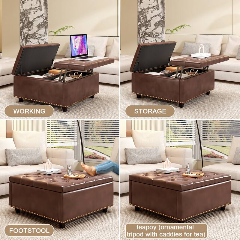 PU Leather Oversized Storage Square Ottoman, Mid-Century Modern Style