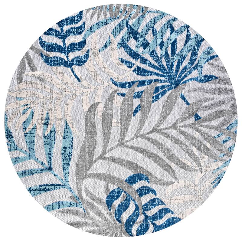 JONATHAN Y Aydin Palm Leaves Indoor/Outdoor Area Rug - 5' Round - Gray/Blue