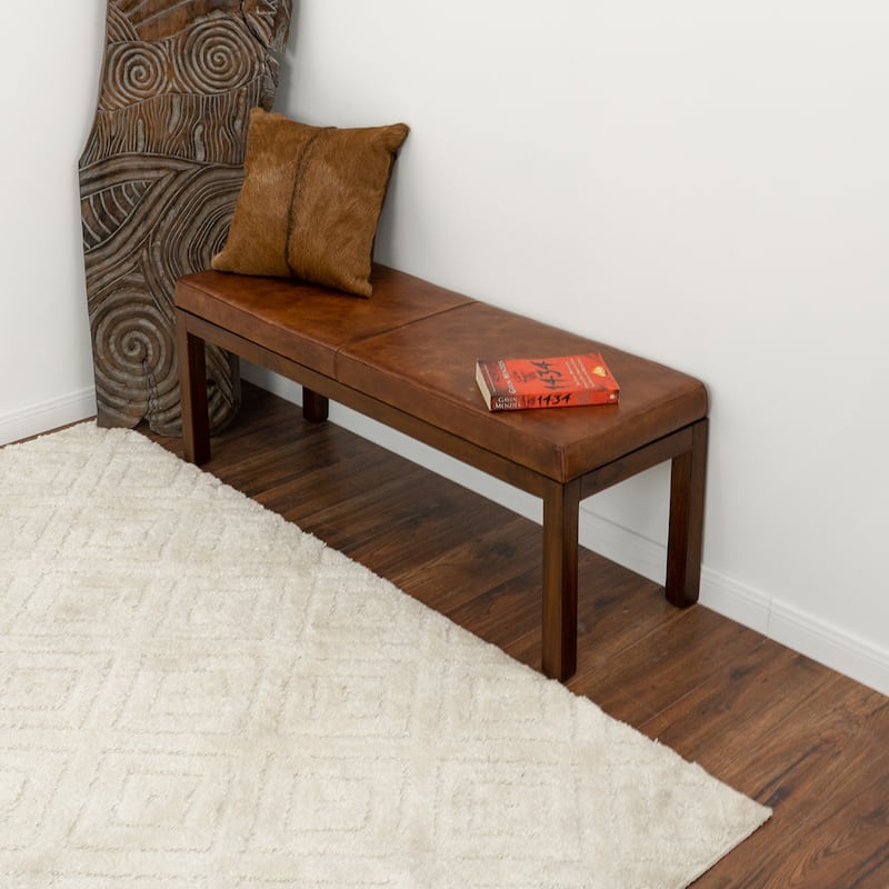 Kara Mid-Century Stitched Genuine Leather Upholstered Bench in Antique Tan