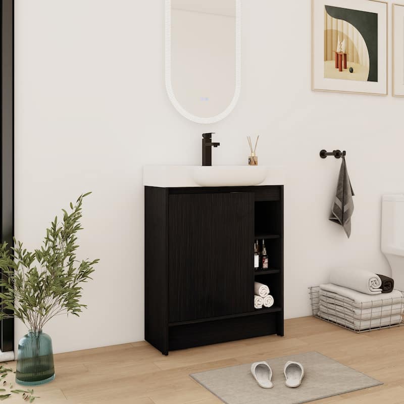 28 Inch Freestanding Bathroom Vanity Cabinet with Ceramic Sink,1 Soft Close Door and 3 Shelves